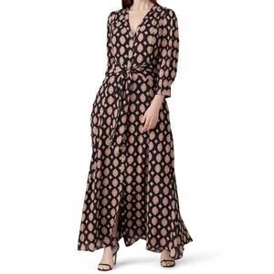 Nicholas Black Printed Silk Noura Tie Waist Maxi Dress Size 14